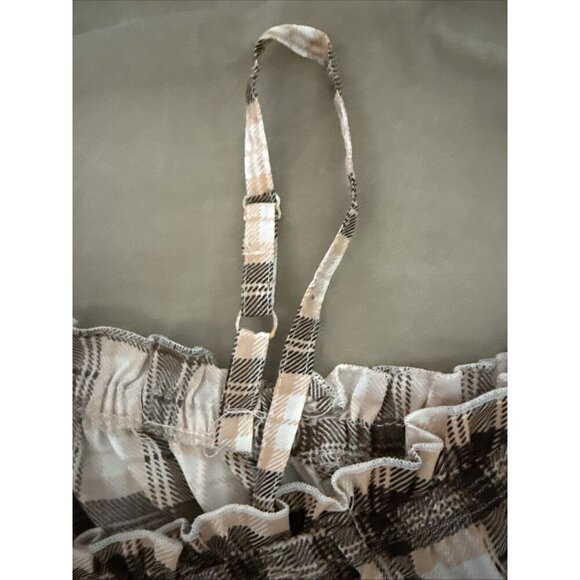 New Glory Off The Shoulder Crop Front Tie Knot Button Brown Peach Plaid WM 2X - Picture 5 of 16